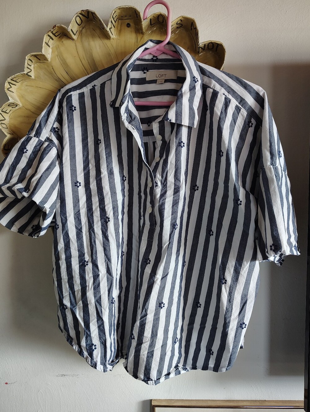 Loft Striped Tunic Blouse Embroidered Flowers Gray Blue White Women's Sz S